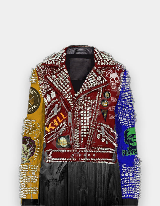 Bride of Frankenstein Gothic Patches Jacket, Steampunk Studded with Dead Kennedy, Punk Rock Biker's Handmade Fashion, Spike Leather Jacket,